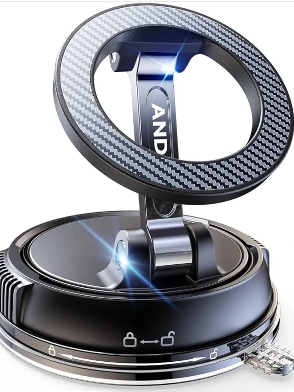 Adjustable Phone Ring Stand with Carbon Fiber Accent - Black